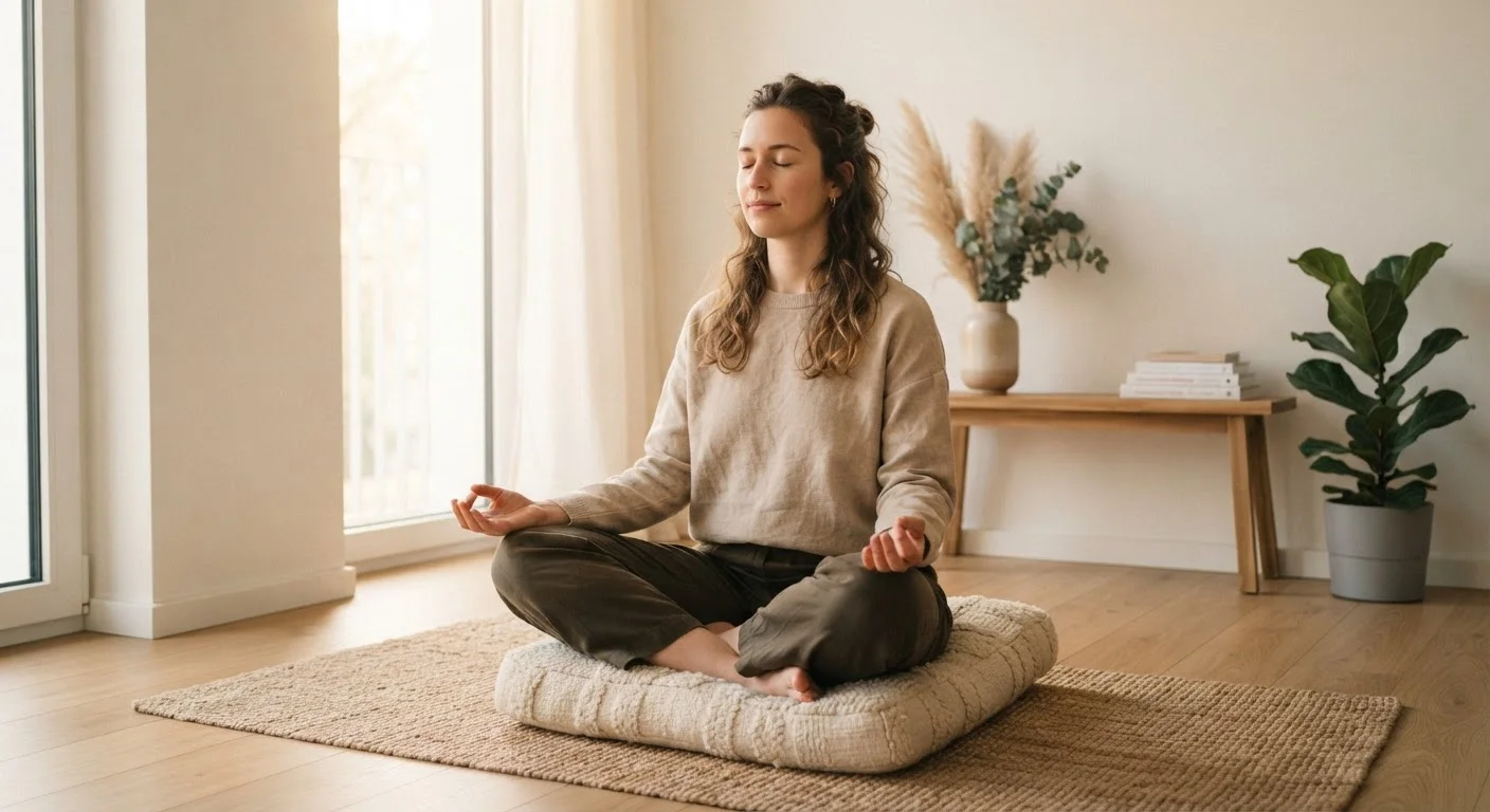A person sitting peacefully in a calm room practicing focused breathwork exercises.
