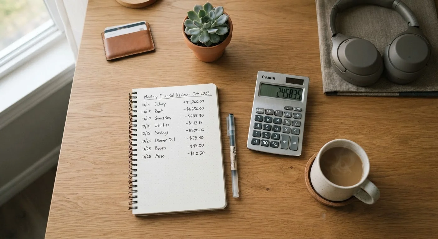 A desk with a financial notepad, calculator, and coffee mug arranged for a debt audit session