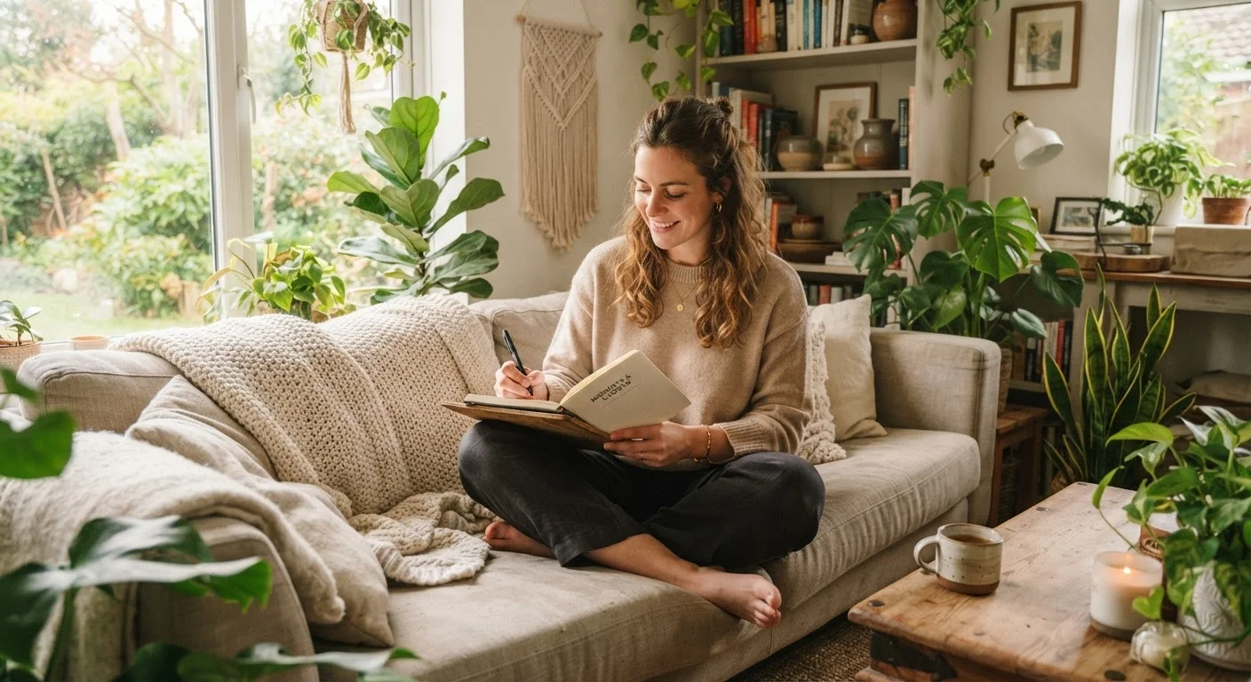 Person journaling in a peaceful, sunlit living room surrounded by green plants