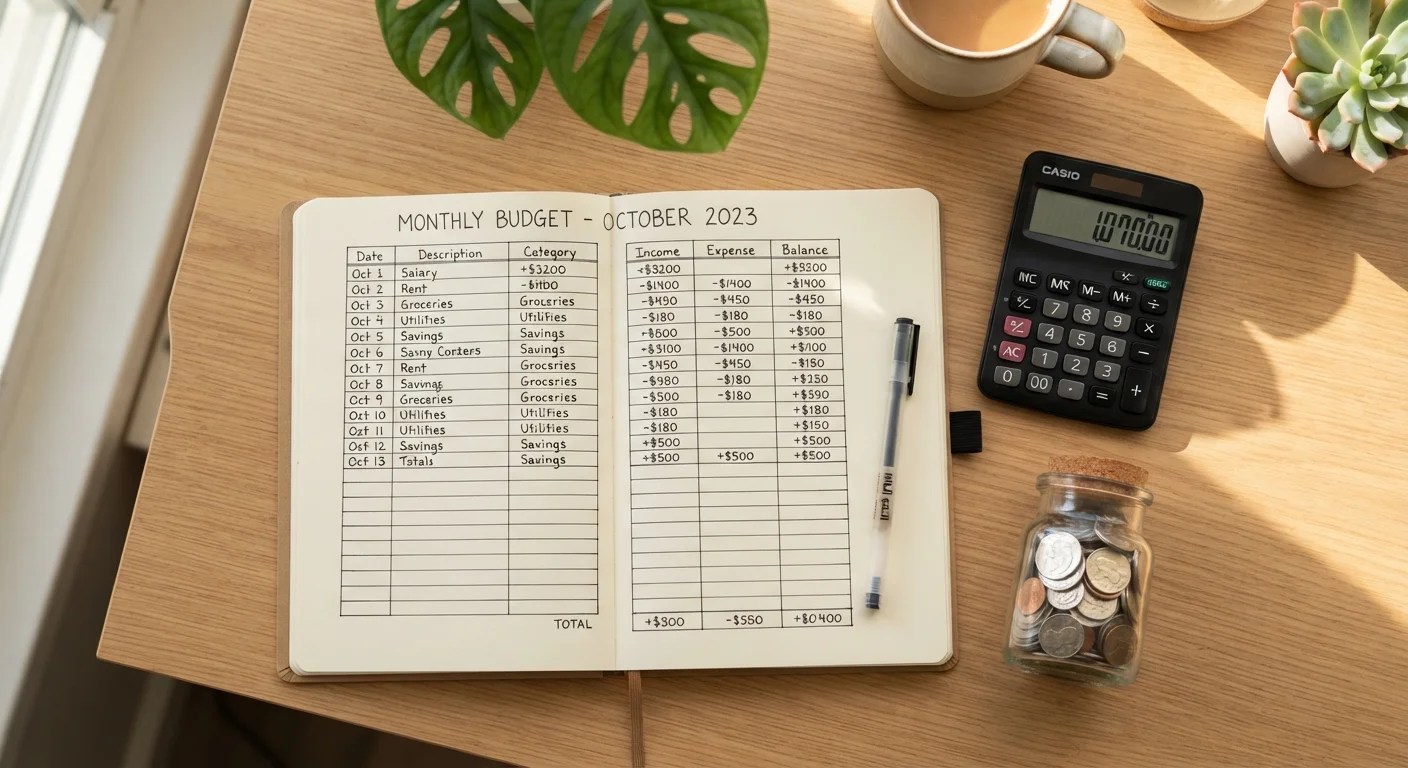 A budget notebook open on a desk next to a calculator, pen, and a jar of coins