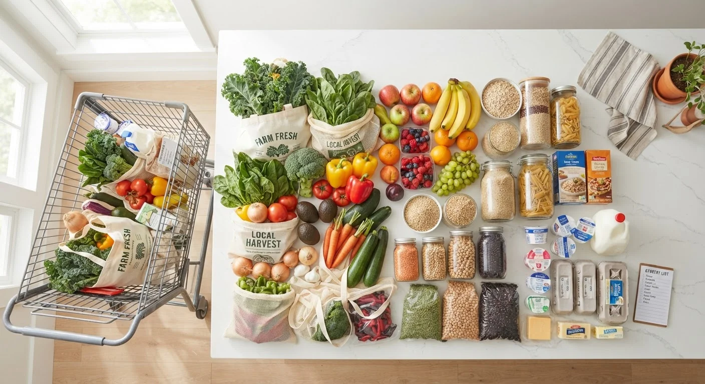 Overhead view of a grocery cart and reusable bags filled with colorful, varied whole foods on a kitchen counter.