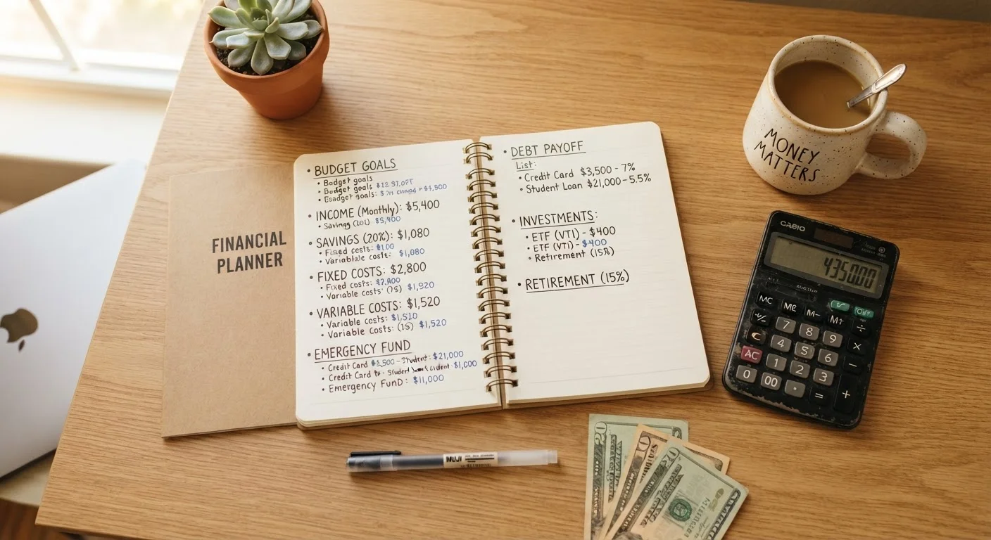 Financial notebook and calculator on a clean desk with handwritten money terms