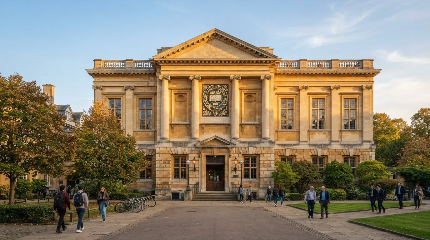 Official seal on a university administration building facade in warm afternoon light