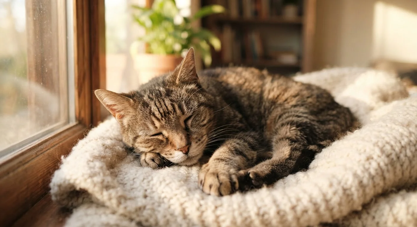 A senior tabby cat resting comfortably on a soft blanket near a sunny window