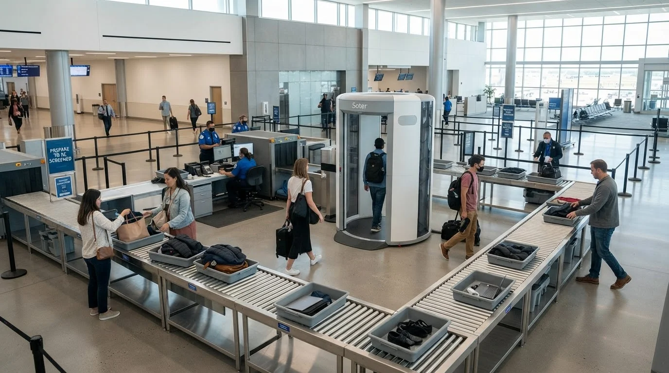 Airport security checkpoint with conveyor belts, plastic bins, and a body scanner