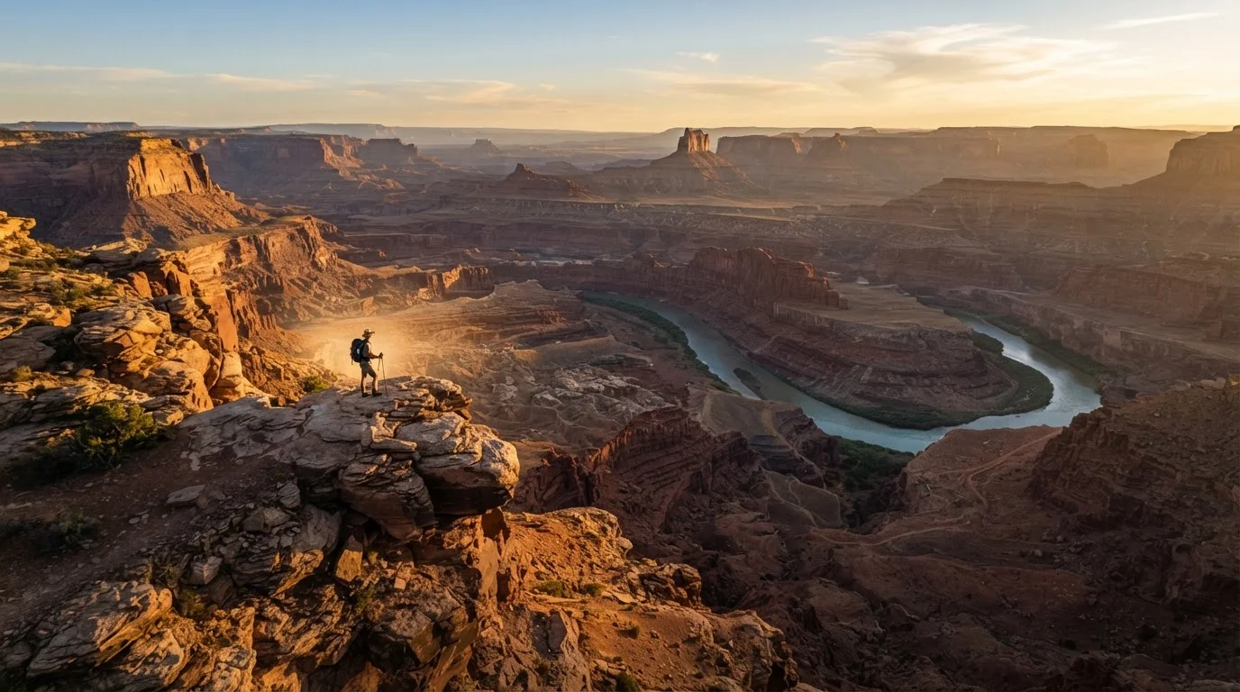Aerial view of a sweeping canyon landscape in an American national park at golden hour.