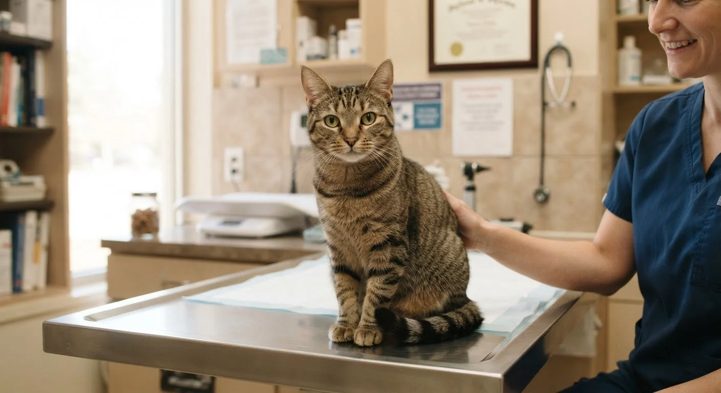 A calm domestic cat sitting on a veterinary examination table during a wellness checkup.
