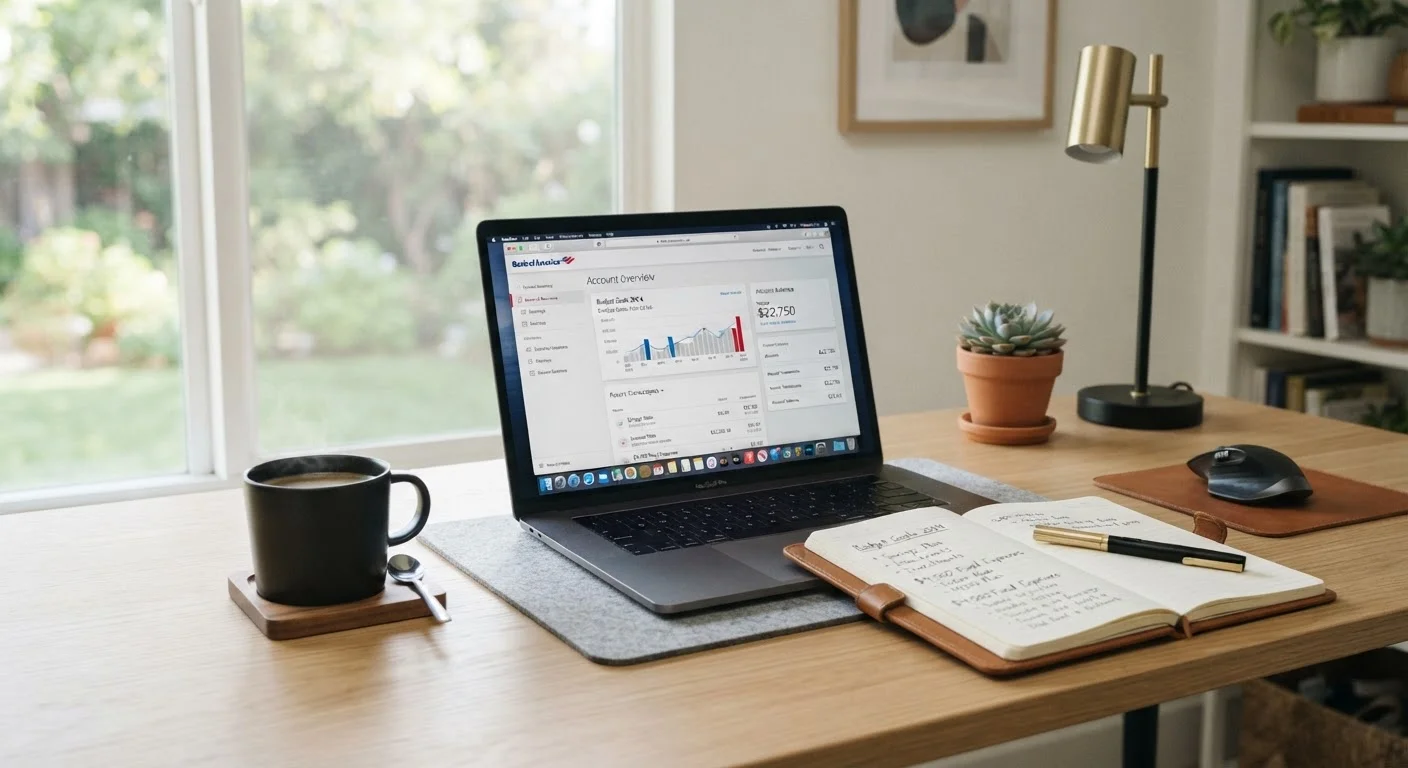 A tidy home desk with a laptop displaying a personal banking dashboard and financial notes.