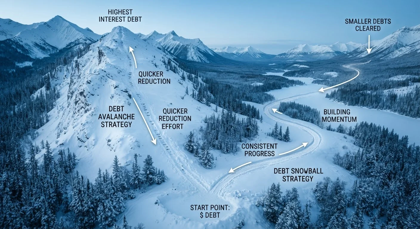 Two snowy paths diverging through a winter landscape representing different debt payoff strategies