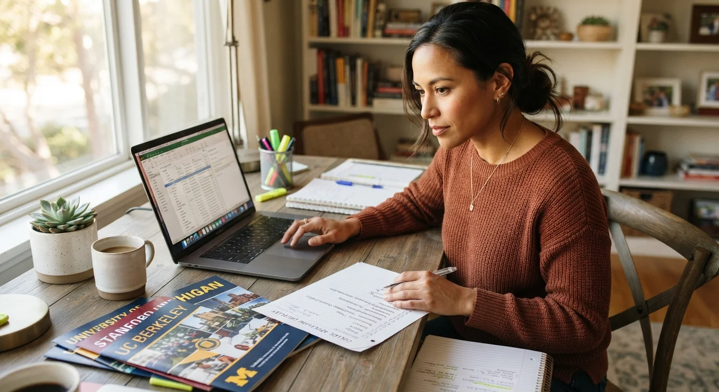 Adult reviewing college application documents and checklist at a well-organized desk