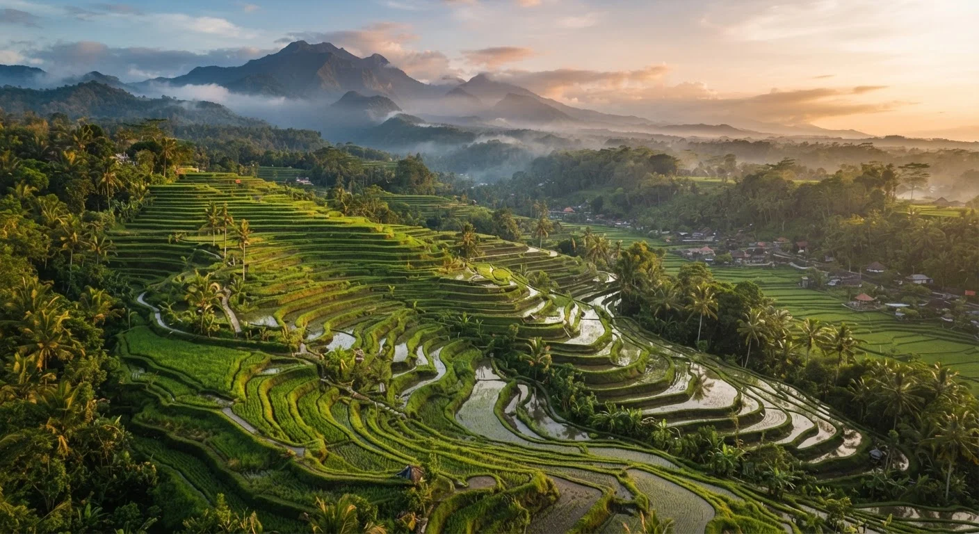 Aerial view of Bali's terraced rice paddies glowing green at golden hour with misty hills