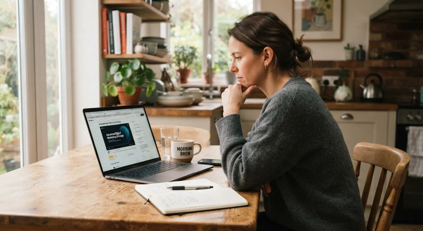 Working adult reviewing an online course enrollment page at home with a notebook and laptop