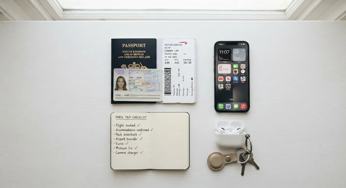 Overhead view of passport, boarding pass, checklist notebook, and smartphone laid out on white surface.