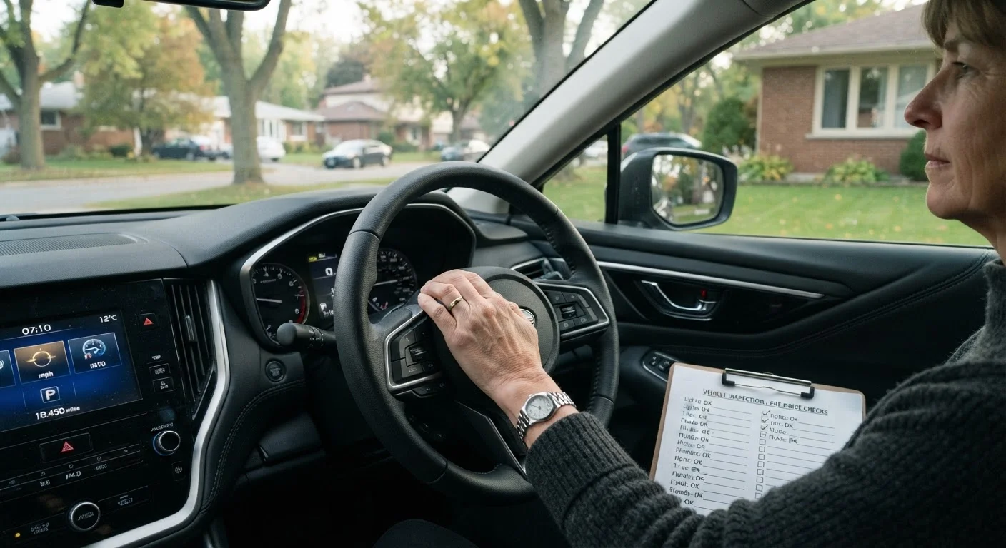 Driver's hand on steering wheel of a parked car in a suburban driveway at morning light.