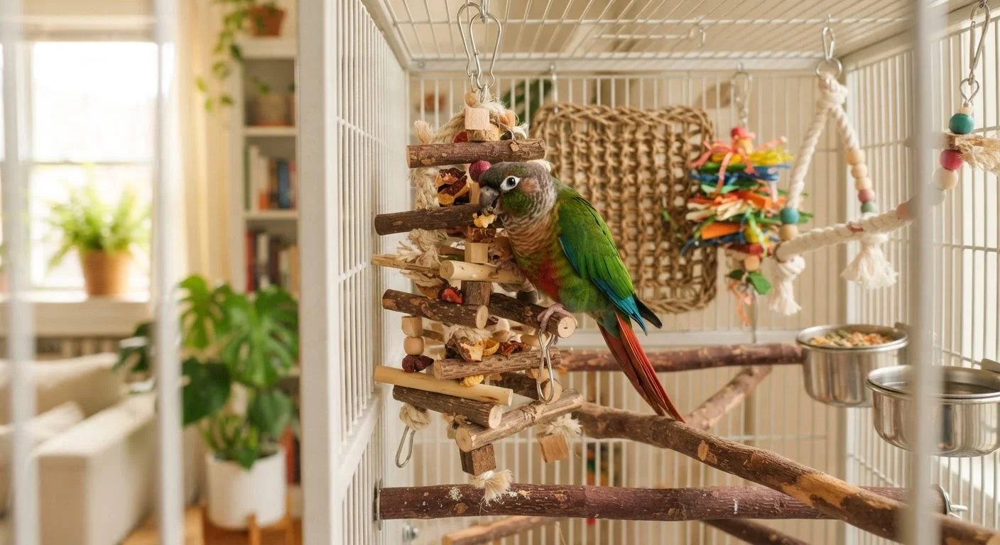 A small parrot exploring a wooden foraging toy on a natural perch inside a cage