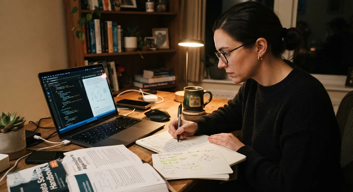 Adult learner studying technical training material on a laptop at a desk with notes