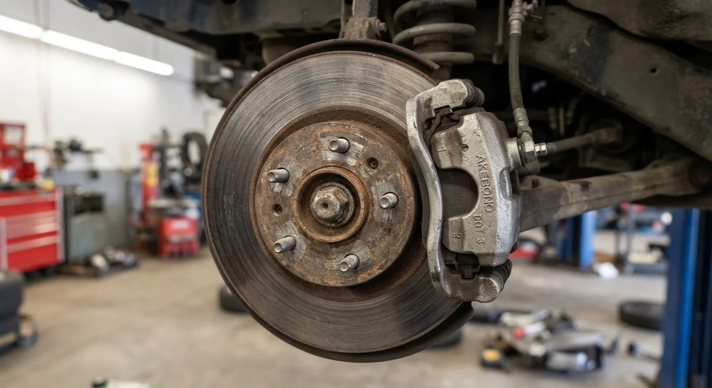 Close-up of a disc brake rotor and brake pad assembly on a vehicle wheel