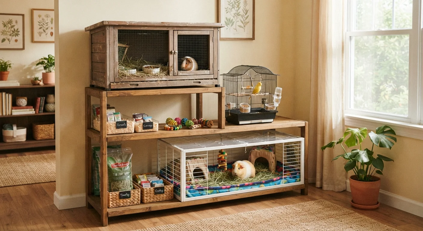 A prepared corner of a home featuring a rabbit hutch, birdcage, and guinea pig enclosure with supplies
