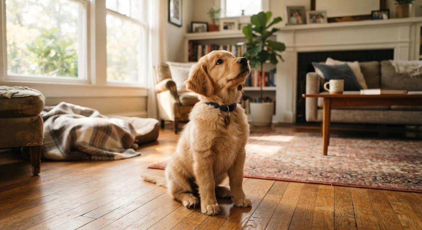 A golden retriever puppy sitting on a hardwood floor in a sunlit home, looking up curiously