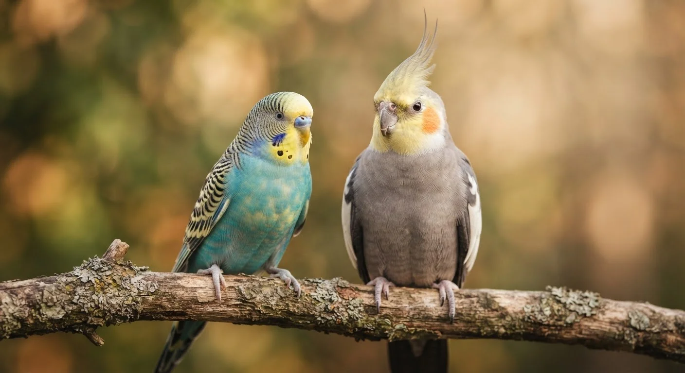 A green budgerigar and a grey cockatiel perched side by side on a wooden branch