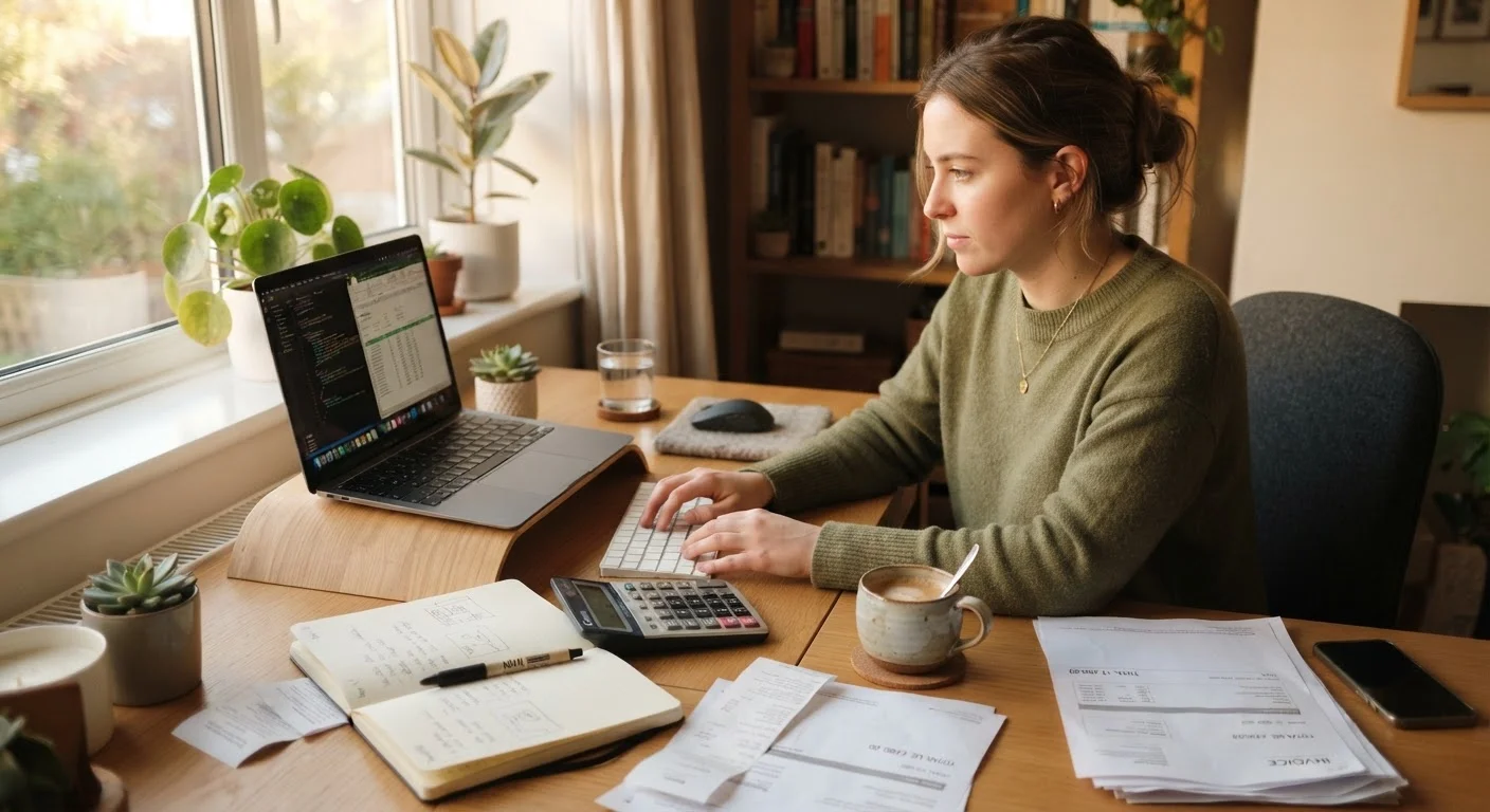 Freelancer organizing finances at a desk with laptop, notebook, and scattered invoices