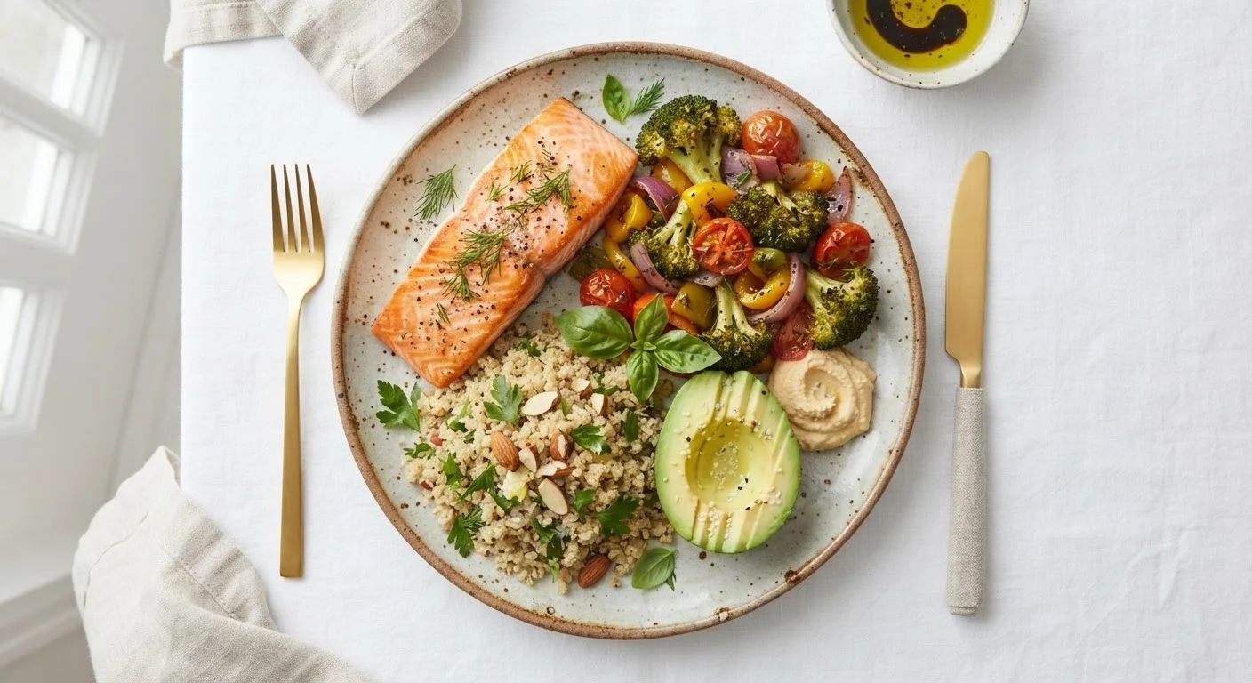 A balanced dinner plate with colorful vegetables, whole grains, and lean protein arranged neatly