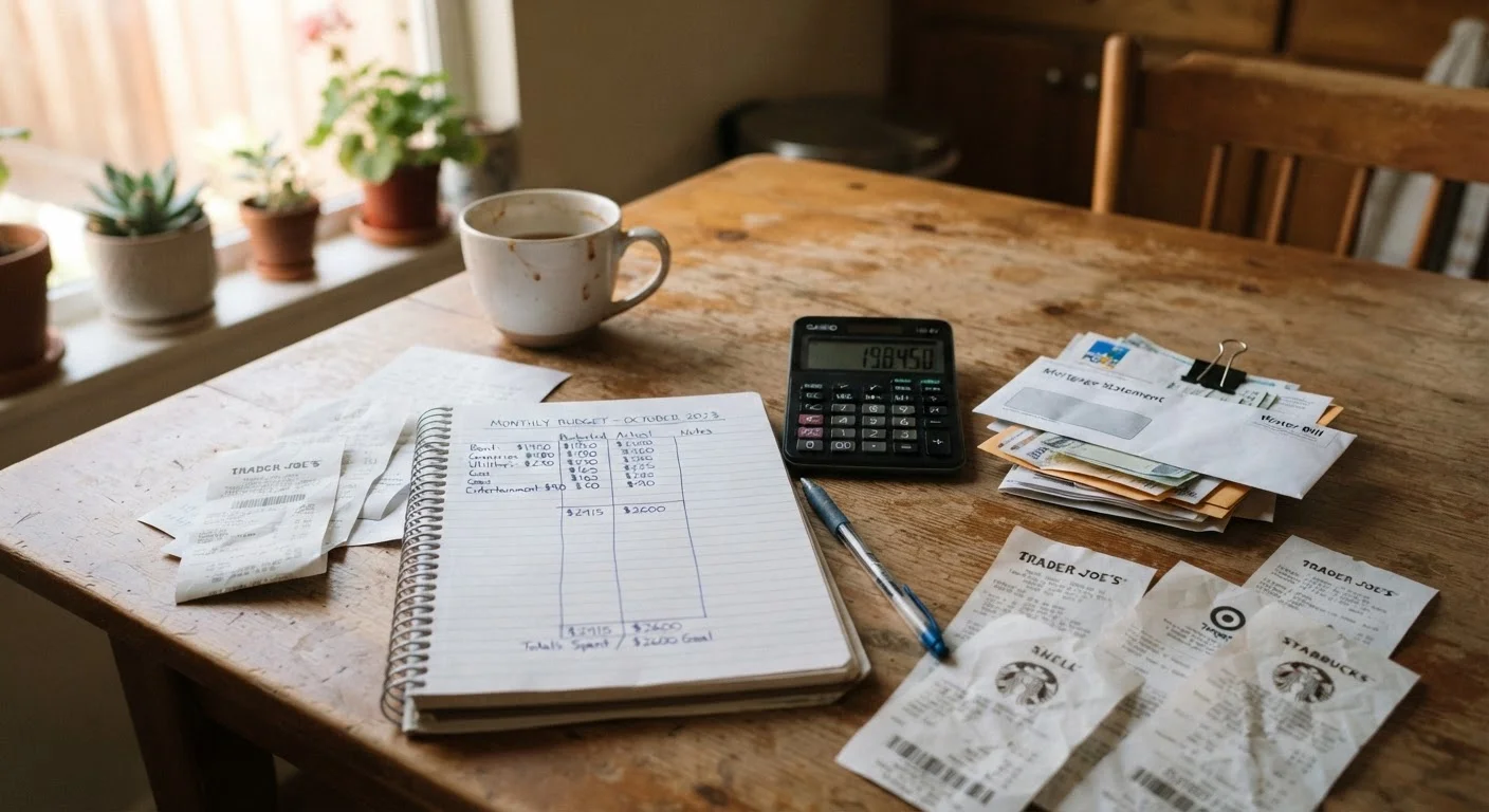 A hand-written household budget on a kitchen table with receipts and a calculator nearby