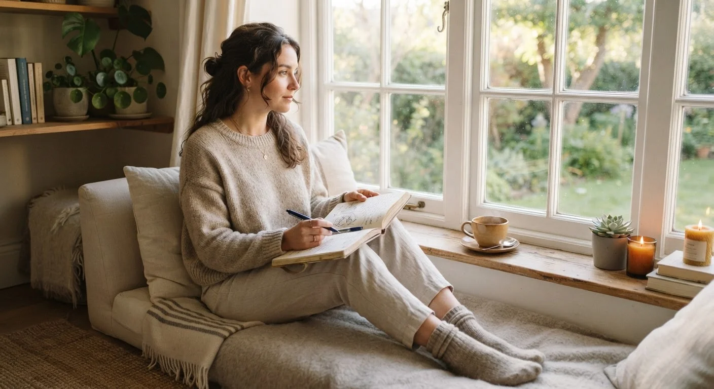 Person journaling by a sunlit window with a cup of tea in the morning.