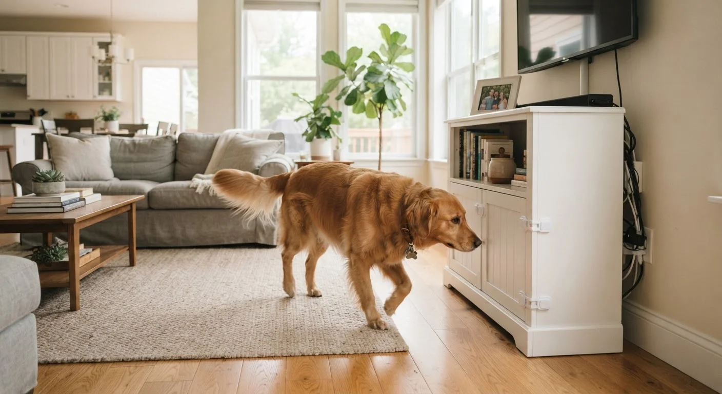 Golden retriever exploring a tidy, hazard-free living room with secured cords and closed cabinets