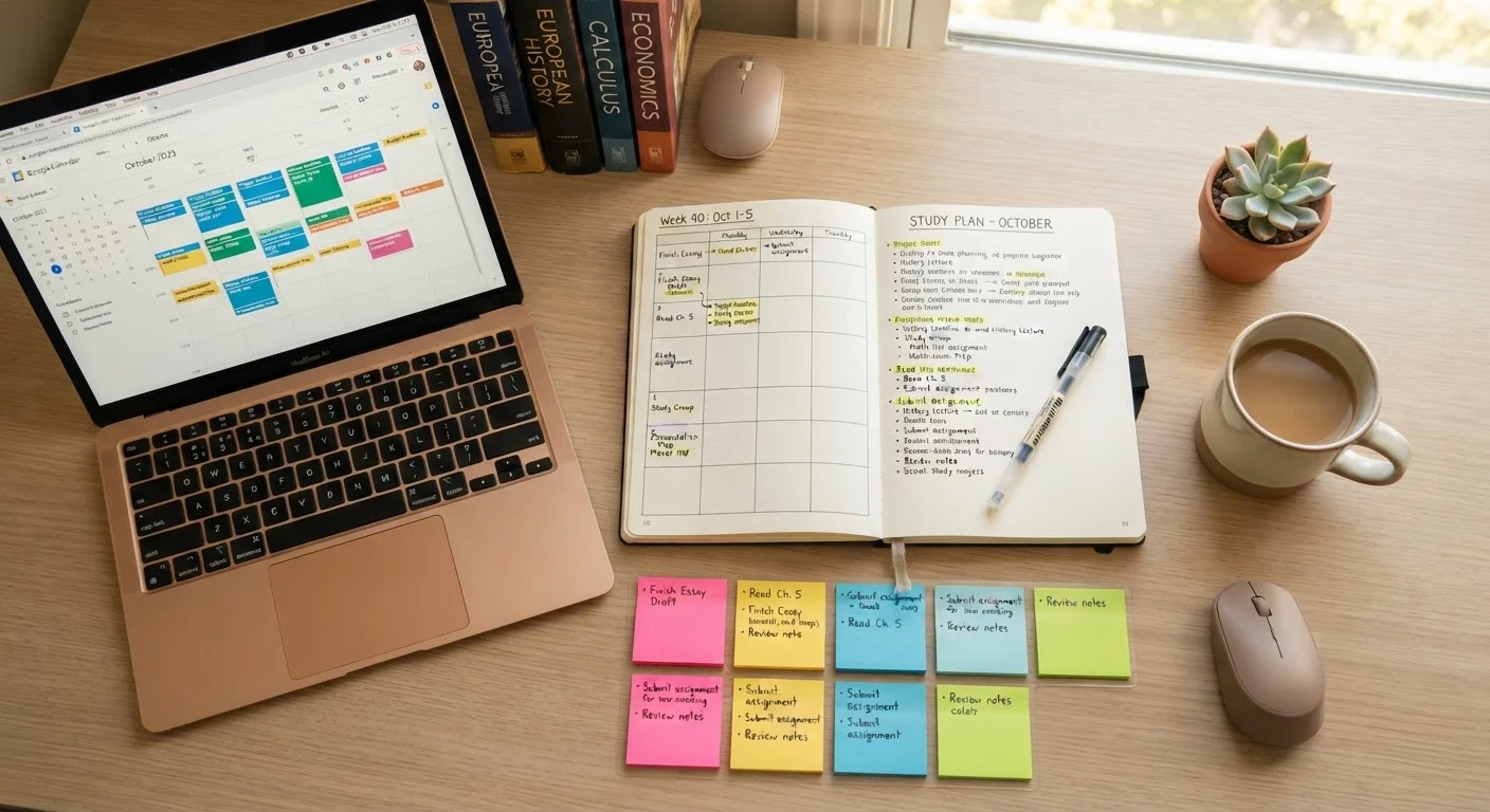 Open notebook with a personal learning plan surrounded by sticky notes and a laptop