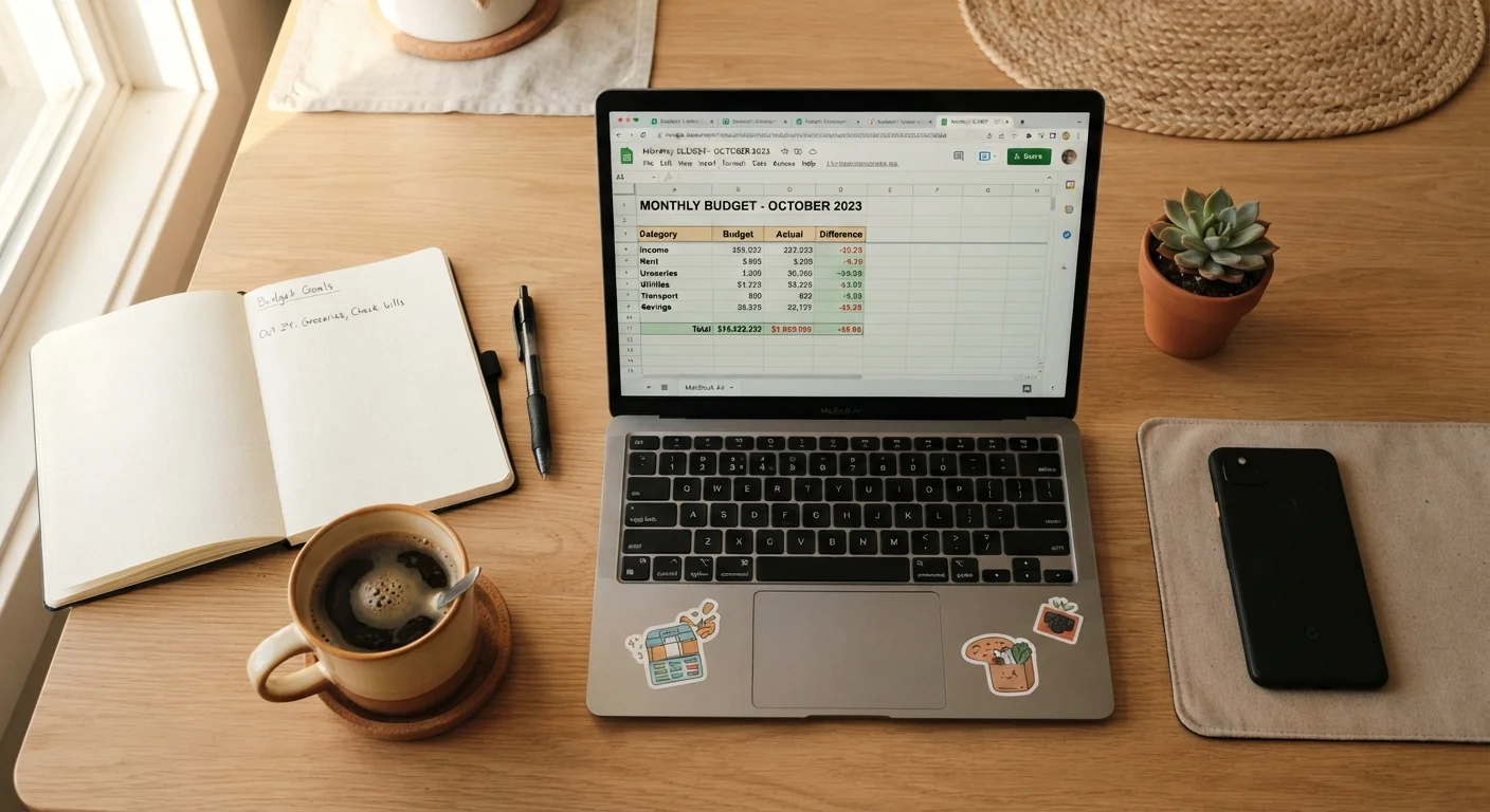 A person sitting at a home desk reviewing a weekly budget in a notebook with coffee nearby