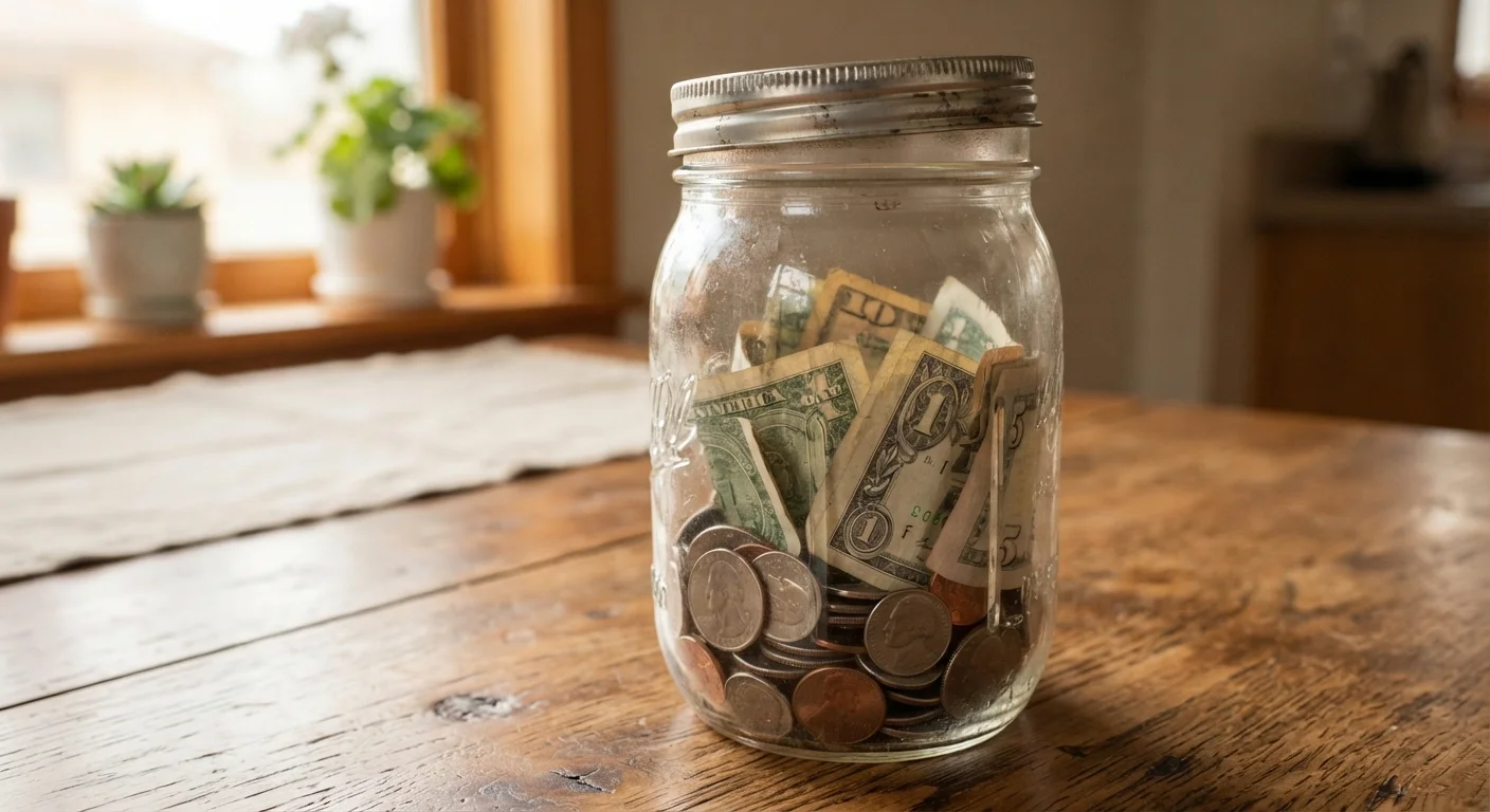 A glass jar with coins and dollar bills representing a growing emergency fund on a table.
