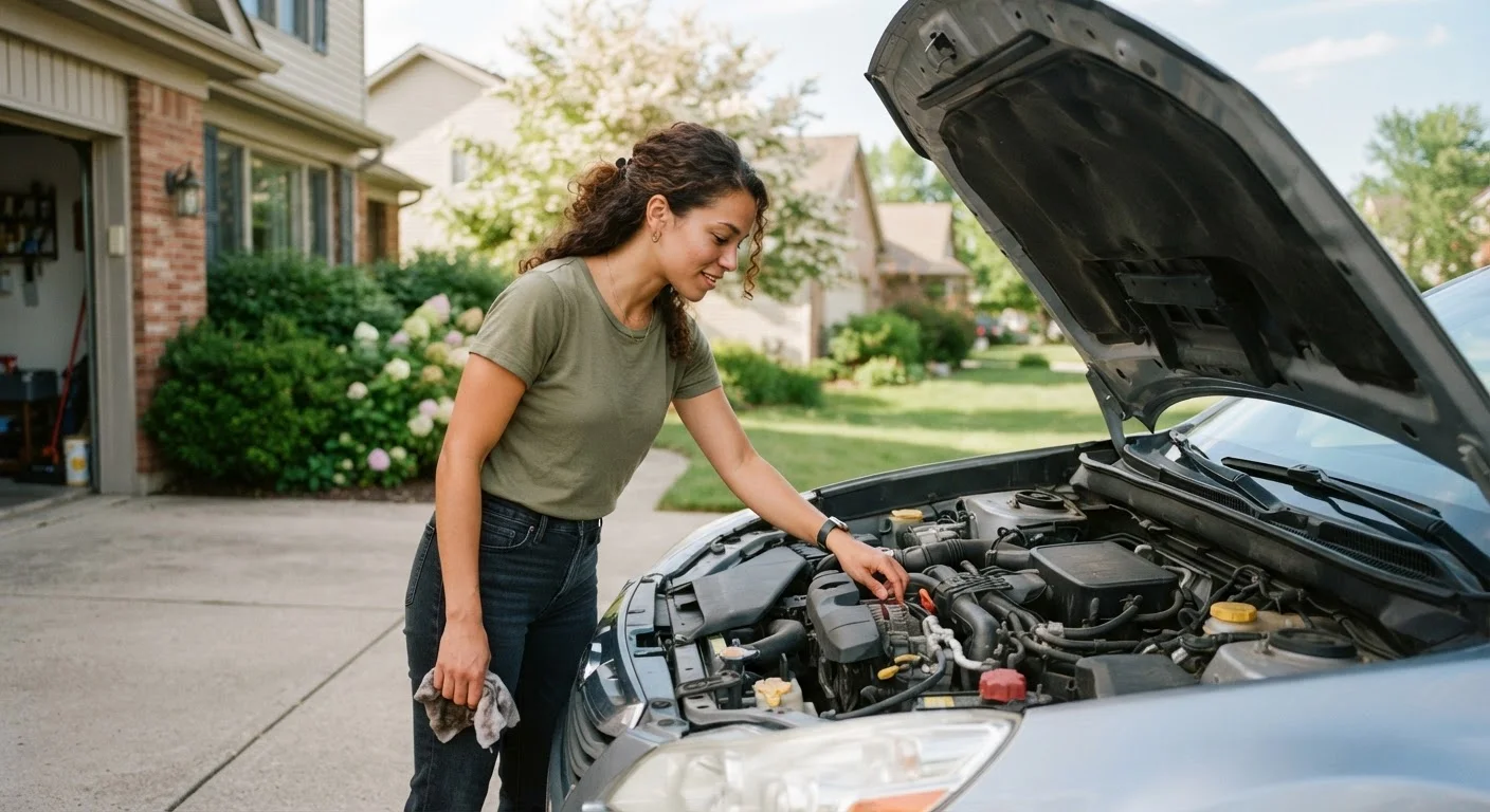 Young driver inspecting under the hood of their car in a sunny driveway