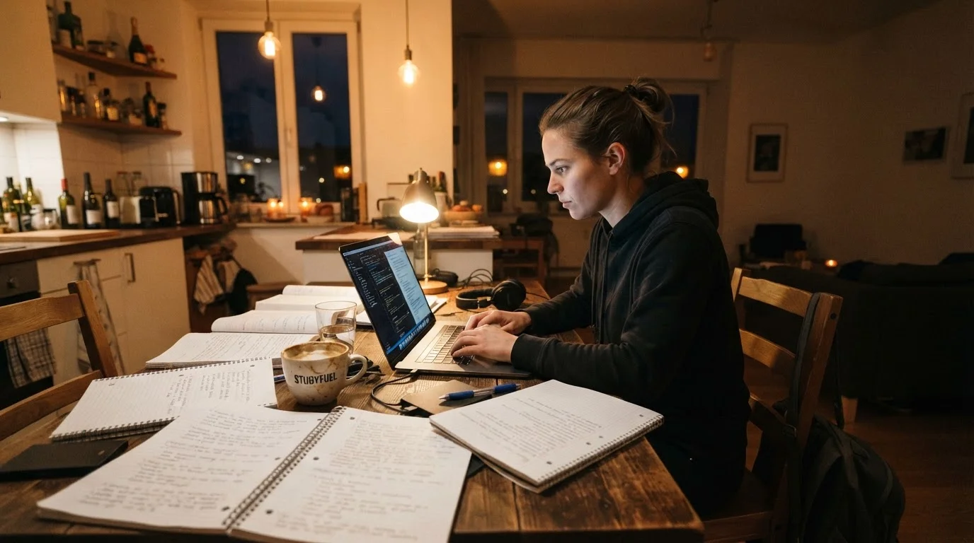 Working adult studying at a kitchen table with a laptop and open notebooks