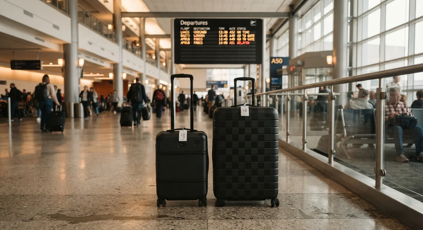 A carry-on bag and a large checked suitcase placed side by side at an airport terminal.