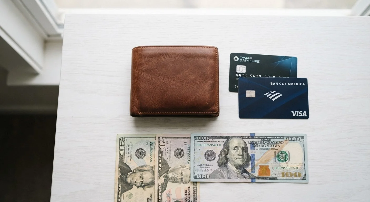 A wallet alongside paper cash, a debit card, and a credit card on a white surface