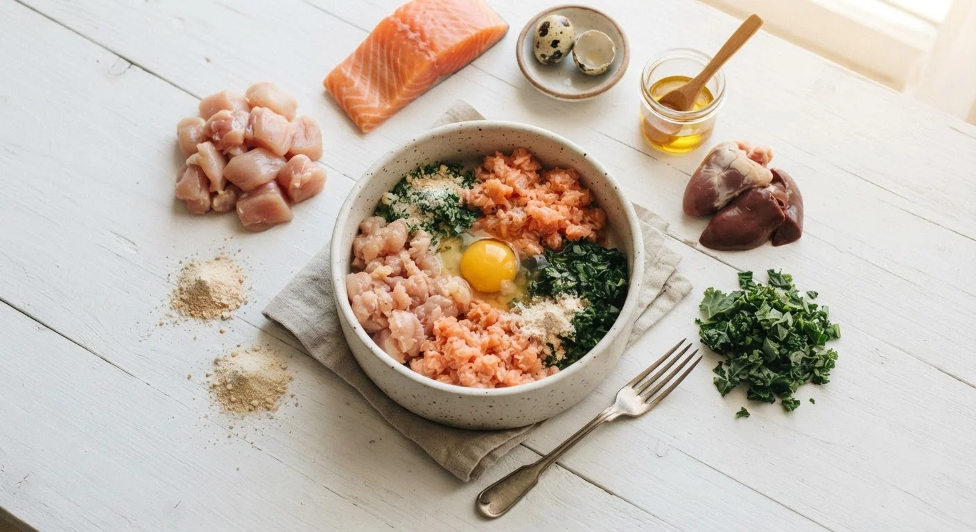 Cat food bowl surrounded by protein-rich ingredients like chicken, fish, and eggs on a white surface
