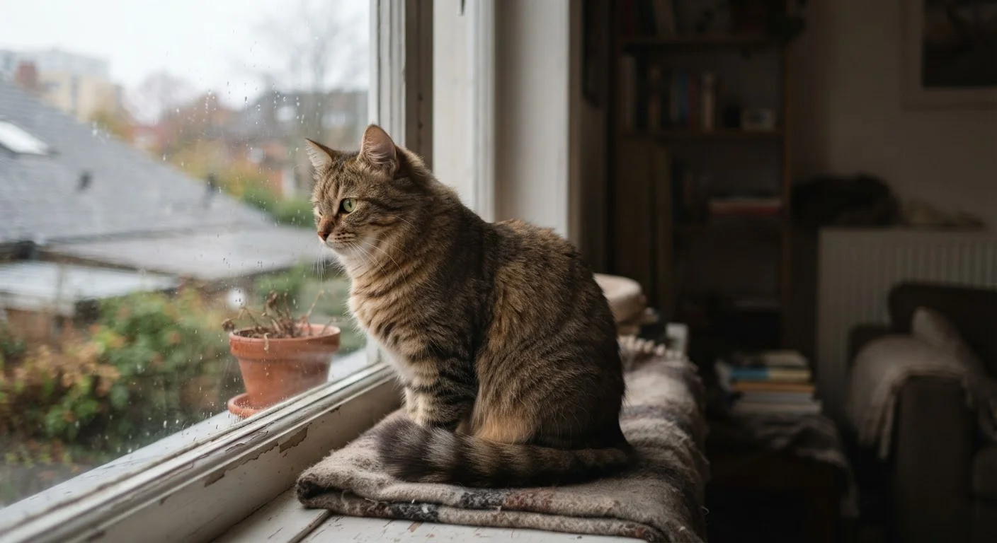 A cat sitting alone on a windowsill, gazing outside with a distant, restless expression