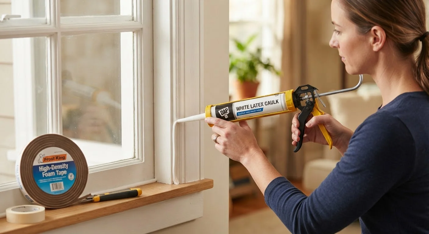 Homeowner applying white caulk along a window frame with a caulk gun and weatherstripping nearby