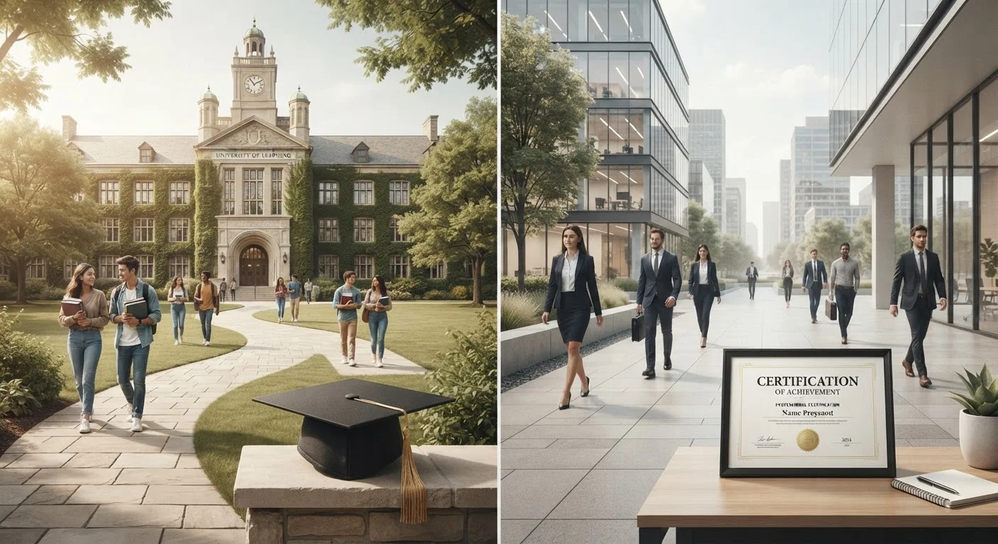Two diverging paths representing a university degree and a professional certificate credential.