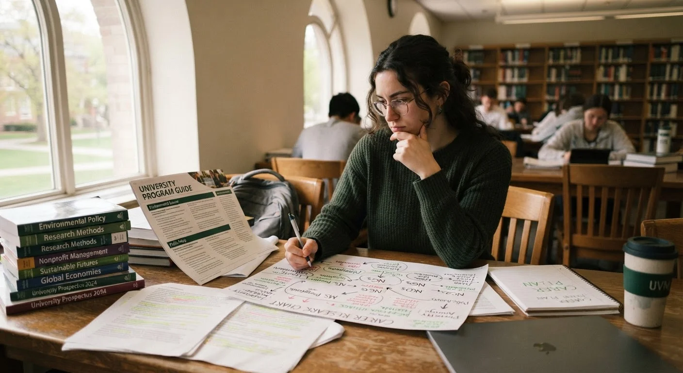 A college student reviewing career research and program guides at a library desk.