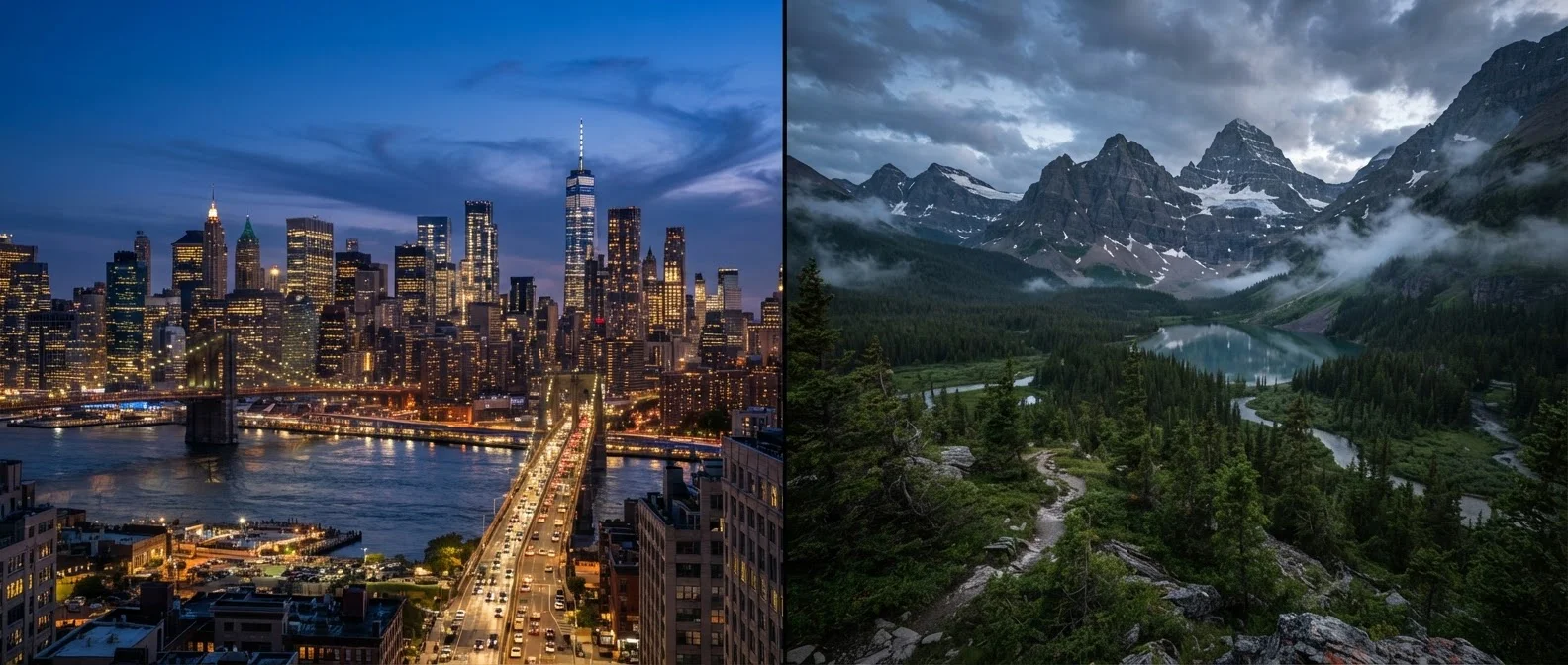 Split view of a city skyline at dusk contrasted with a misty mountain wilderness landscape