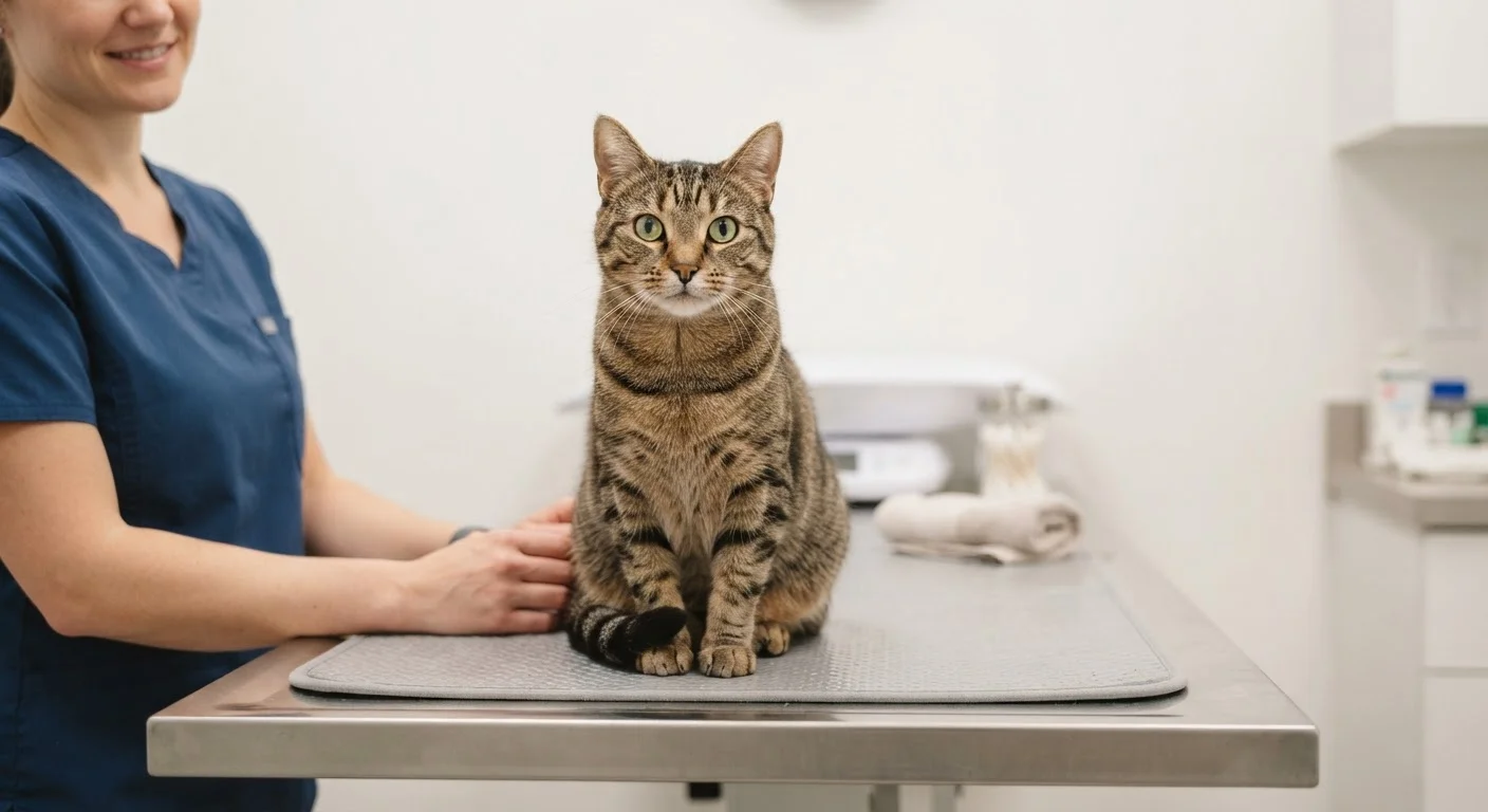 A tabby cat sitting calmly on a veterinary examination table during a checkup