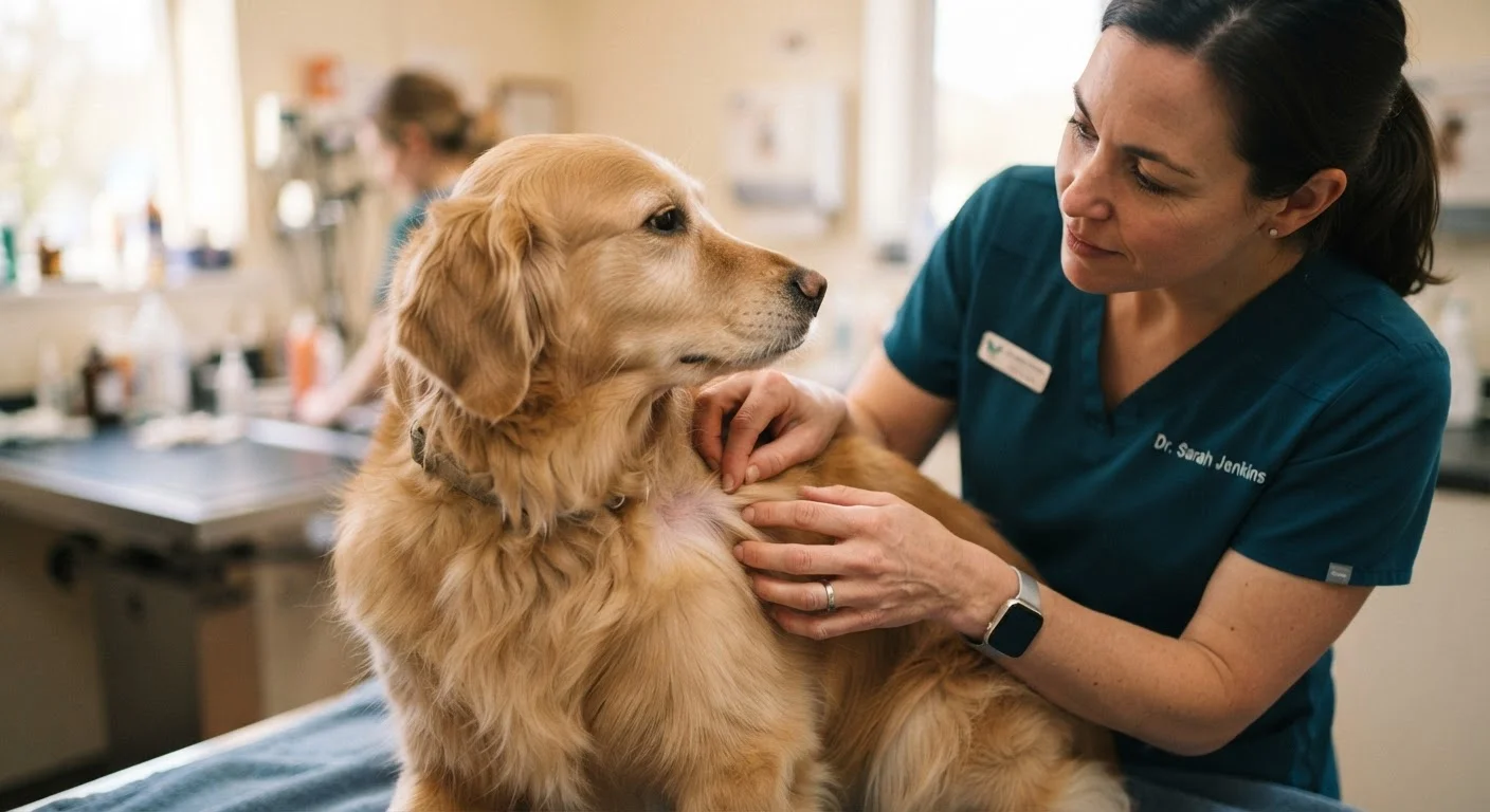 Veterinarian examining a golden retriever's skin and coat during a clinic visit