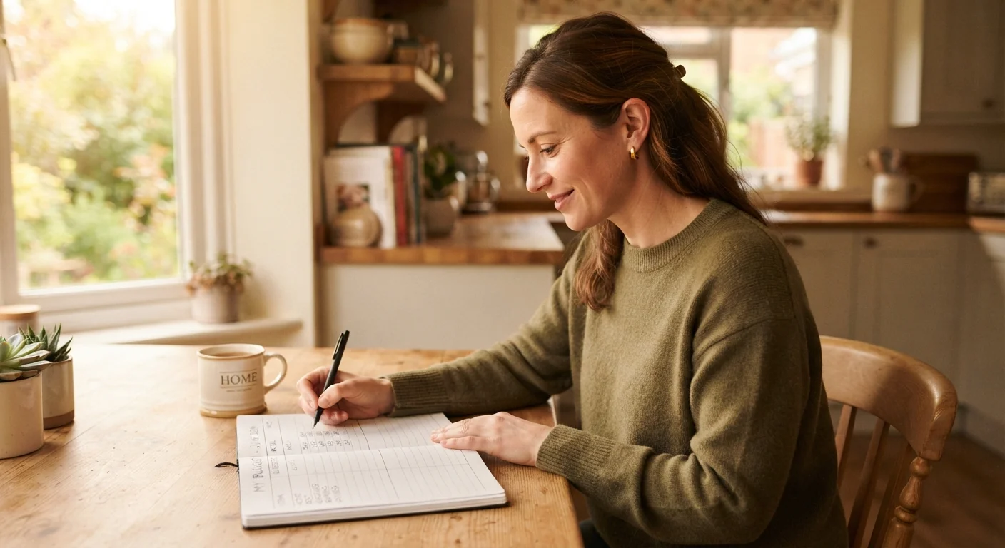 Person sitting at a kitchen table working on a simple handwritten household budget