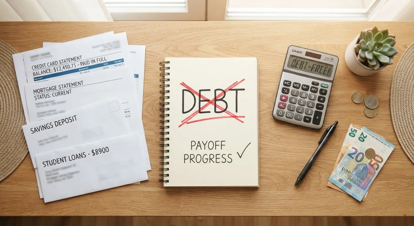 Financial documents and calculator on a desk with debt notes being crossed out