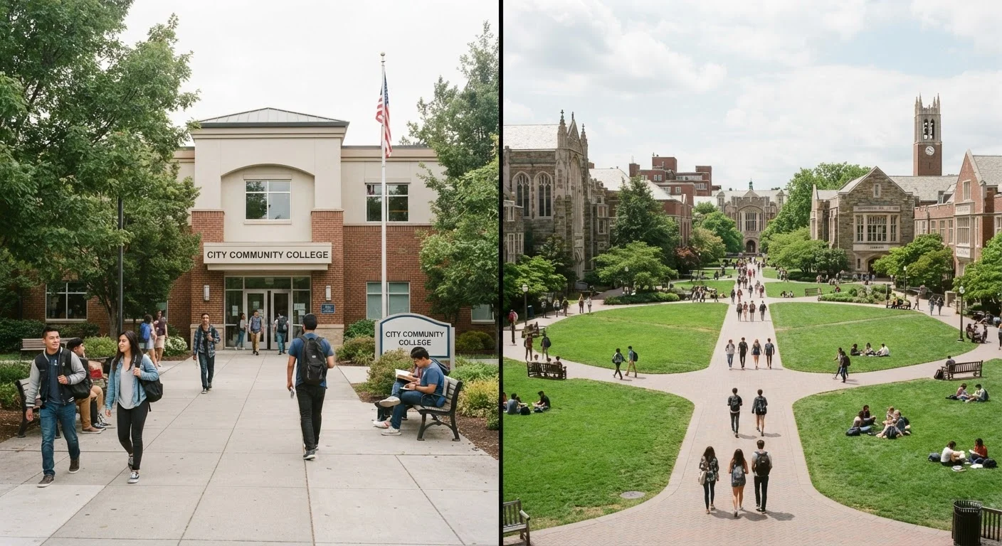 Side-by-side view of a community college campus and a four-year university quad