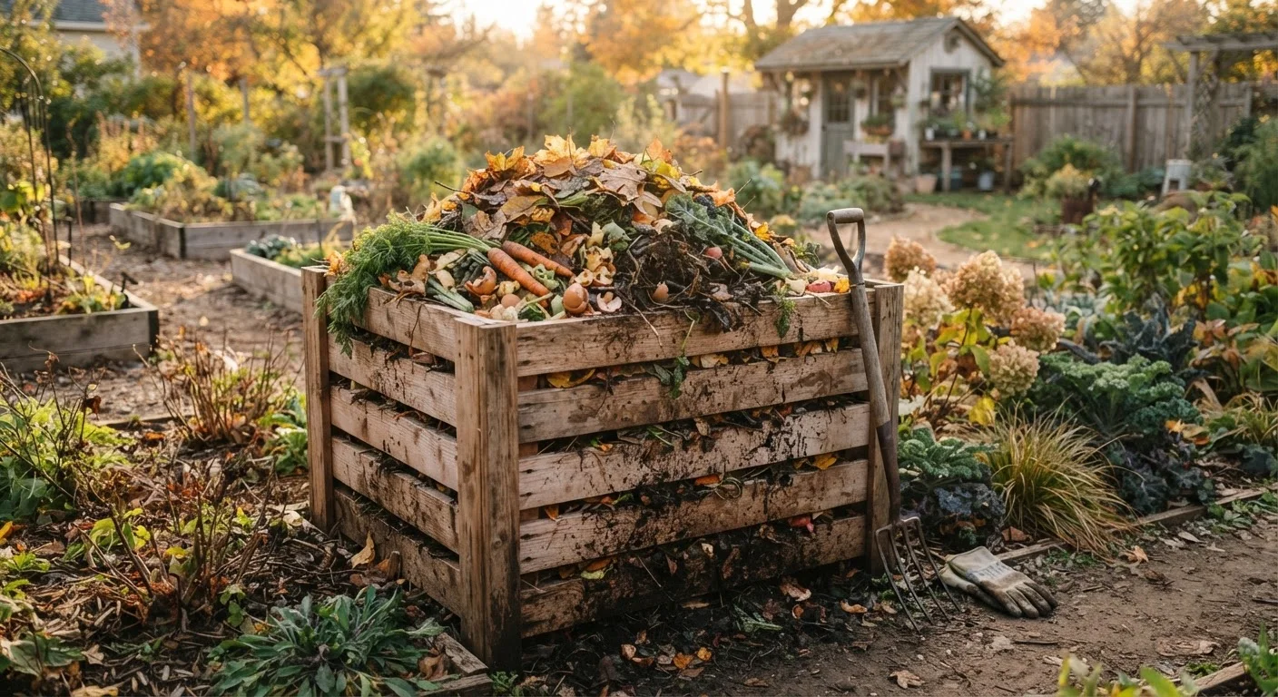 A wooden compost bin in a backyard garden filled with kitchen and yard waste.