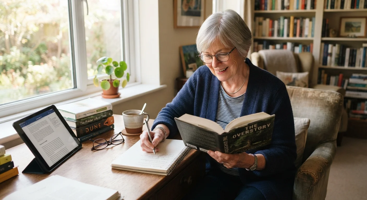 An older adult taking notes at a well-lit desk with books and a tablet nearby.