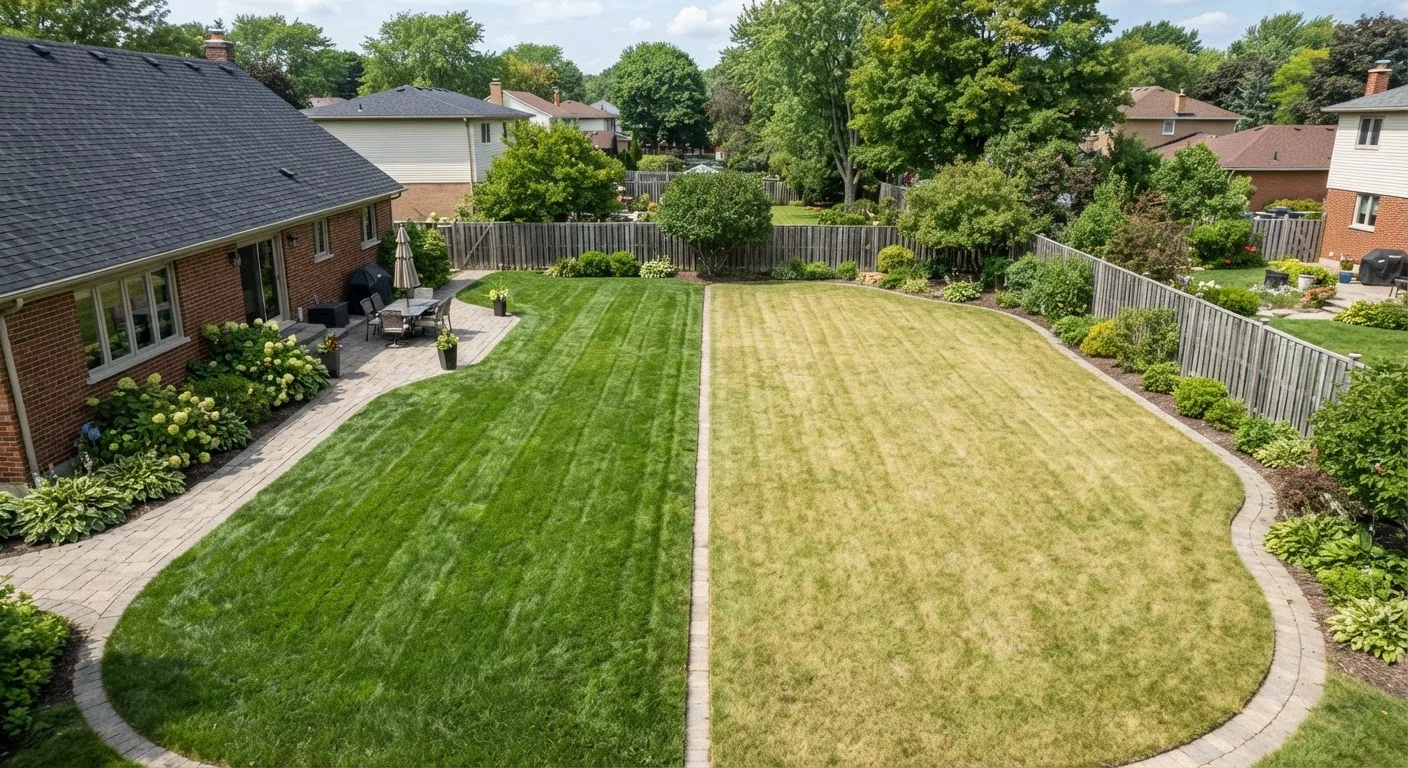 Two lawn sections side by side showing cool-season and warm-season grass varieties in a suburban backyard.
